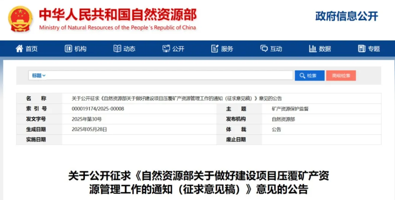 《自然资源部关于做好建设项目压覆矿产资源管理工作的通知（征求意见稿）》意见的公告